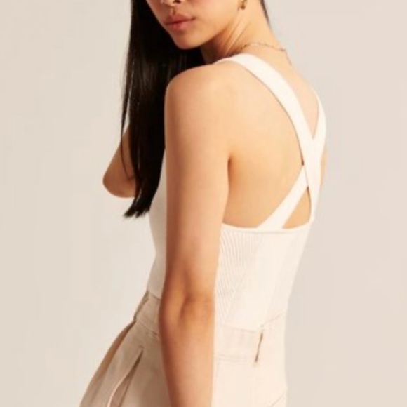 Abercrombie & Fitch Knit Cream Beige Ribbed Cross Back Tank Top - Picture 2 of 3